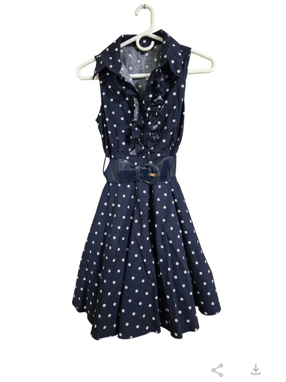 VENUS Navy Polka Dot Ruffle Belted Fit-and-Flare Dress